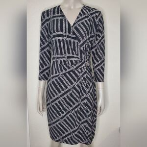Anne Klein Faux Wrap Dress with Chain Print and Hardware Emblem at Waist